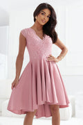 Robe de soirée élégante en dentelle rose pastel sans manches V-neck asymétrique fluide pour mariage communion