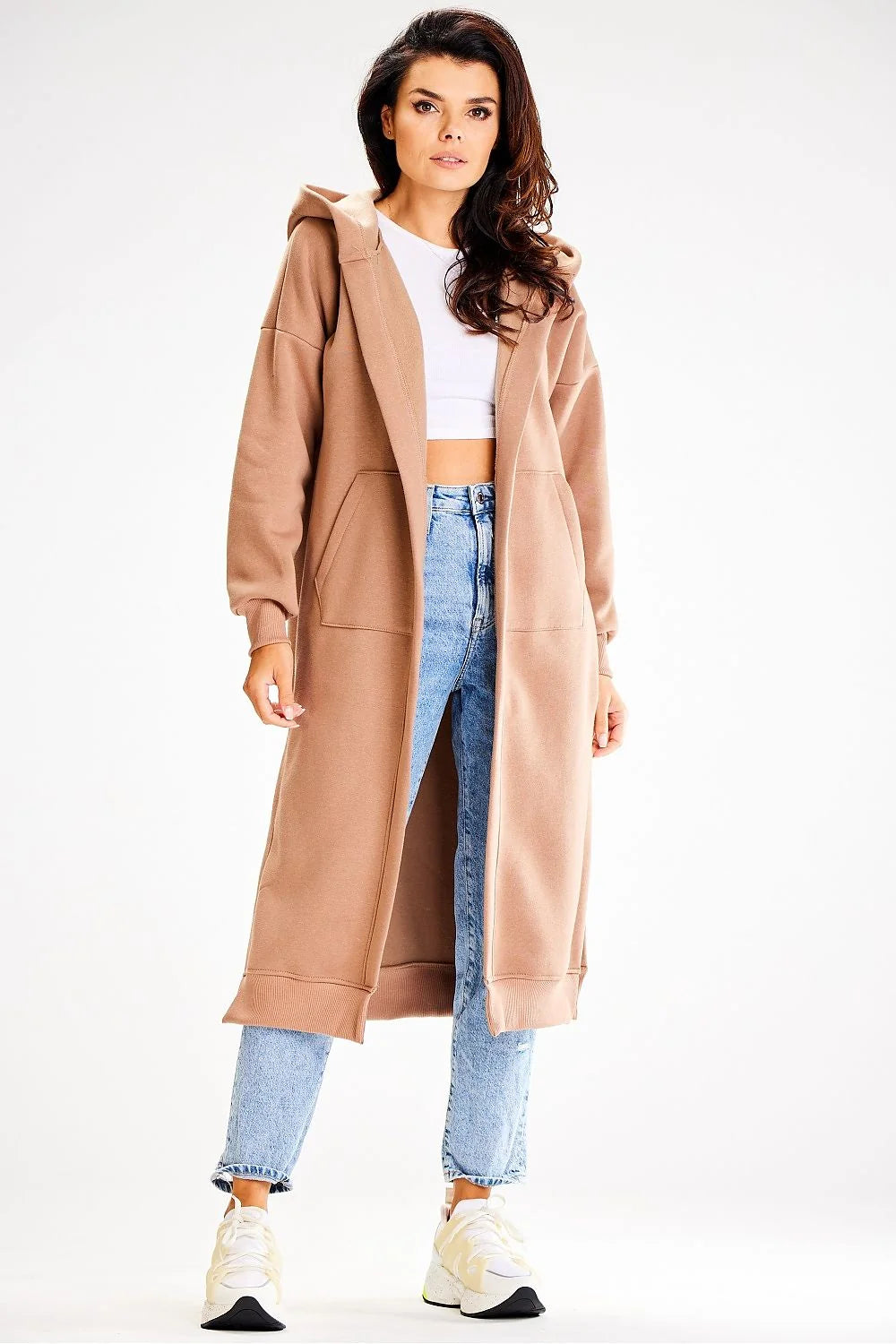 Manteau long ample pour femme en fibre synthétique style casual capuche poches beige camel