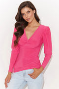 Chemisier ajusté pour femme en rose vif manches longues fendues style élégant mode polyester élasthanne