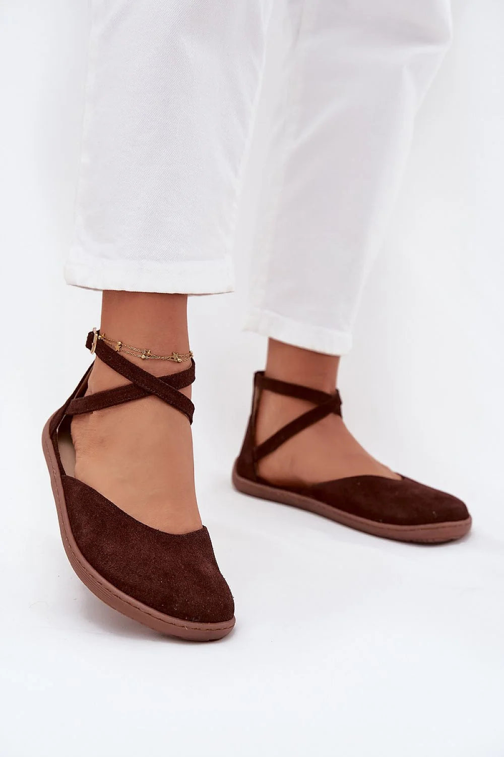 ballerines barefoot femme suède marron foncé bout rond brides croisées cheville boucle réglable semelle caoutchouc souple profilée confortable