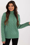 pull femme oversize col roulé torsadé maille câblé vert sauge coupe longue manches longues emmanchures tombantes côtelées moelleuses