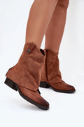 bottines femme cheville western cuir daim marron cognac bout pointu effilé tige froncée slouch zip latérale talon bas carré empilé
