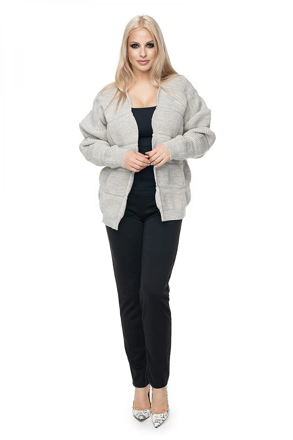 Cardigan Pee Ka Boo pour femme motif unique manches longues maille grise acrylique 100% coupe droite sans fermeture