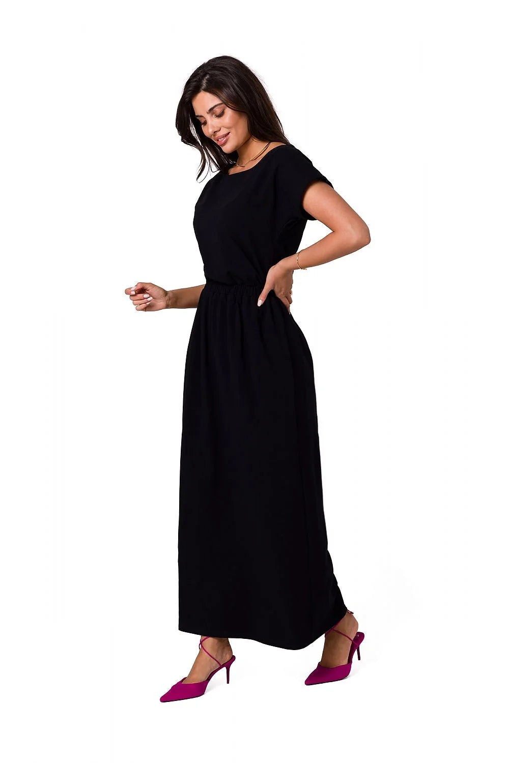 robe longue maxi coton élégante manches courtes encolure bateau vert émeraude taille élastiquée cintrée fluide douce extensible tombé lisse cheville