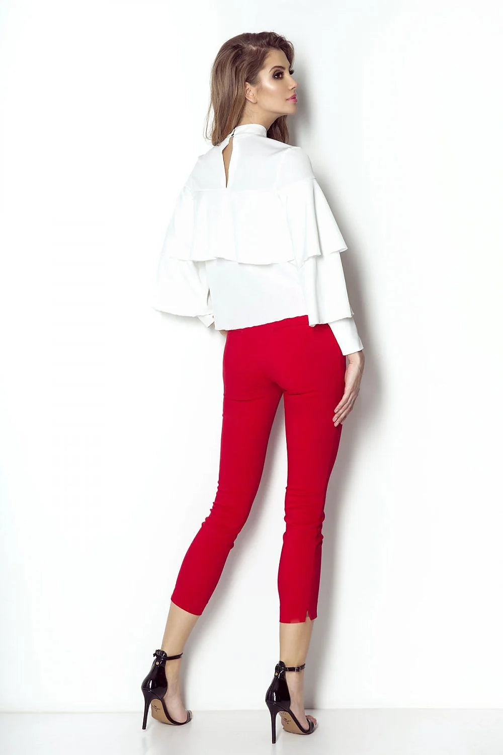 Chemisier noir en polyester moderne chic volants manches longues col montant automne tendance femme élégante