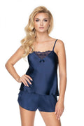 Ensemble pyjama satin italien élégant bleu marine confortable dentelle sensuelle tenue de nuit féminine