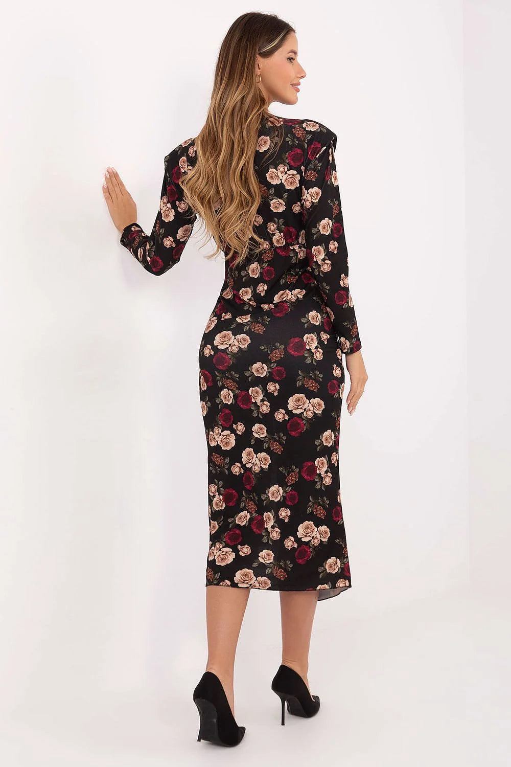 robe crayon midi portefeuille manches longues col V imprimé floral vintage roses crème bordeaux fond noir silhouette cintrée
