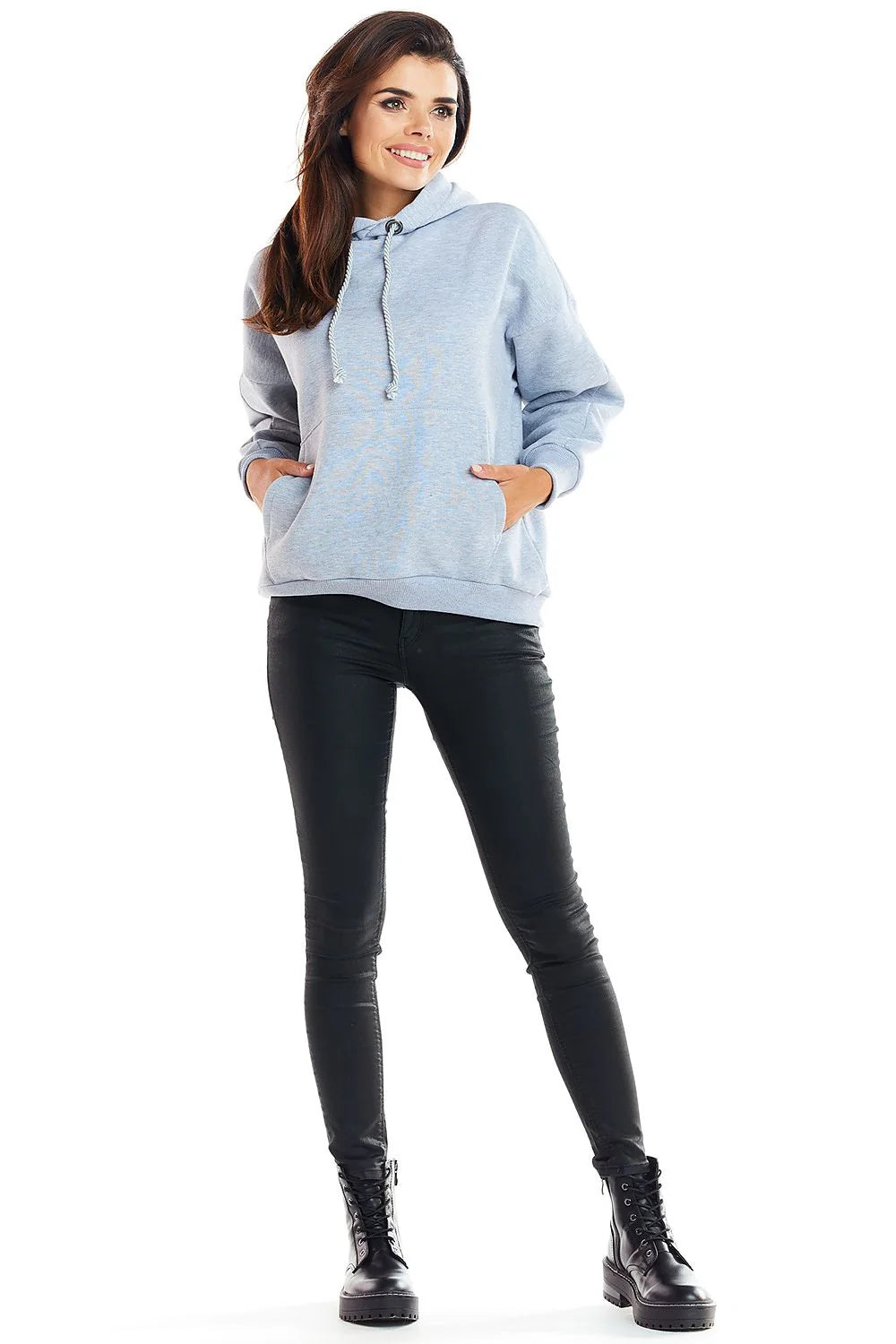 sweatshirt femme oversize molleton bleu ciel chiné coupe ample capuche cordon tressé poche kangourou poignets côtelés