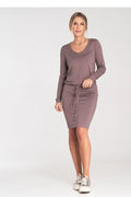 Robe de jour Figl femme taupe manches longues encolure V tailleur ajustable en viscose 5% élasthanne mode casual chic