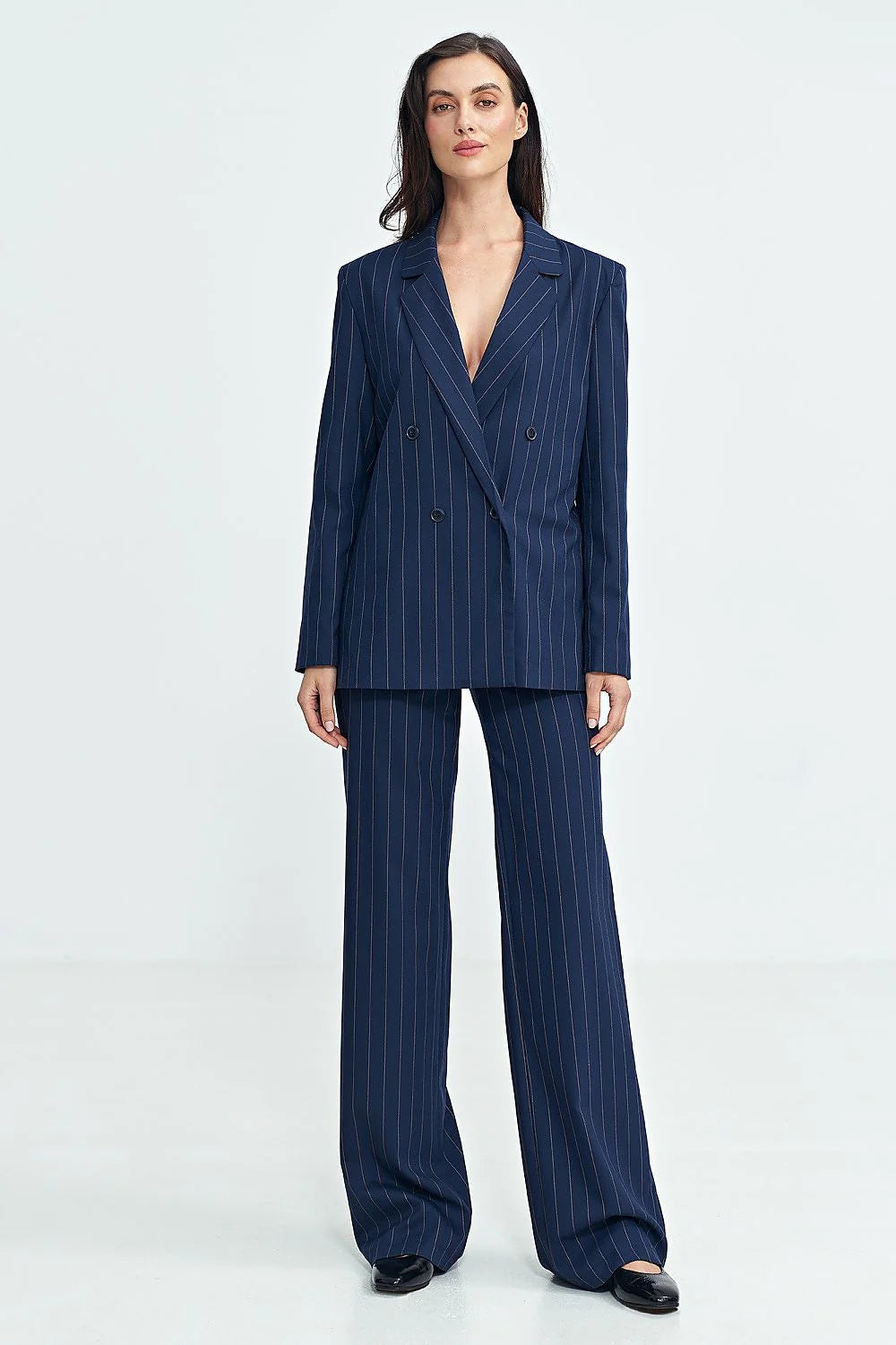 Veste croisée femme double boutonnage rayures classiques bleu marine beige taille ajustée blazer élégant professionnel
