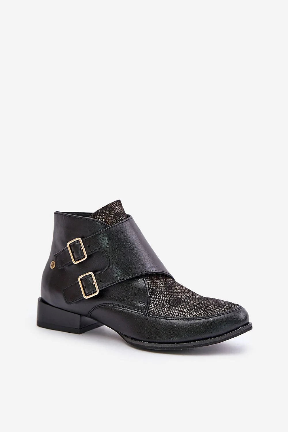 Bottines en cuir noir pour femmes, design moderne, talon carré, détails en métal doré, confort et style élégant