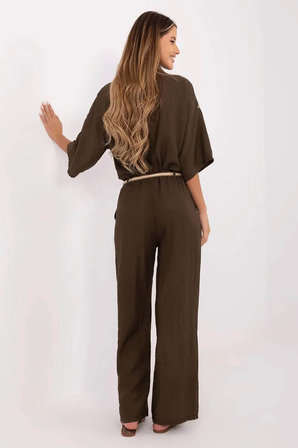 combinaison femme bohème marron profond lin coton léger respirant ample jambe large taille haute ceinture tressée poches latérales