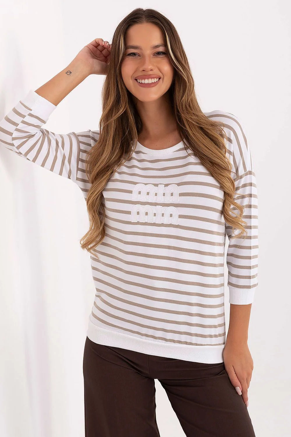 chemisier marinière femme micro modal extensible col rond manches trois quarts rayures beige blanc bords côtes broderie tonale