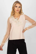 Chemisier Lakerta femme élégant romantique dentelle broderie florale tulle transparent manches bouffantes poignets volants col V coupe droite fluide beige