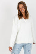 pull femme Rue Paris manches longues colV tricot côtelé élasthanne acrylique polyester oversize ample décontractée bordcôtes moelleuse blanc uni intemporel