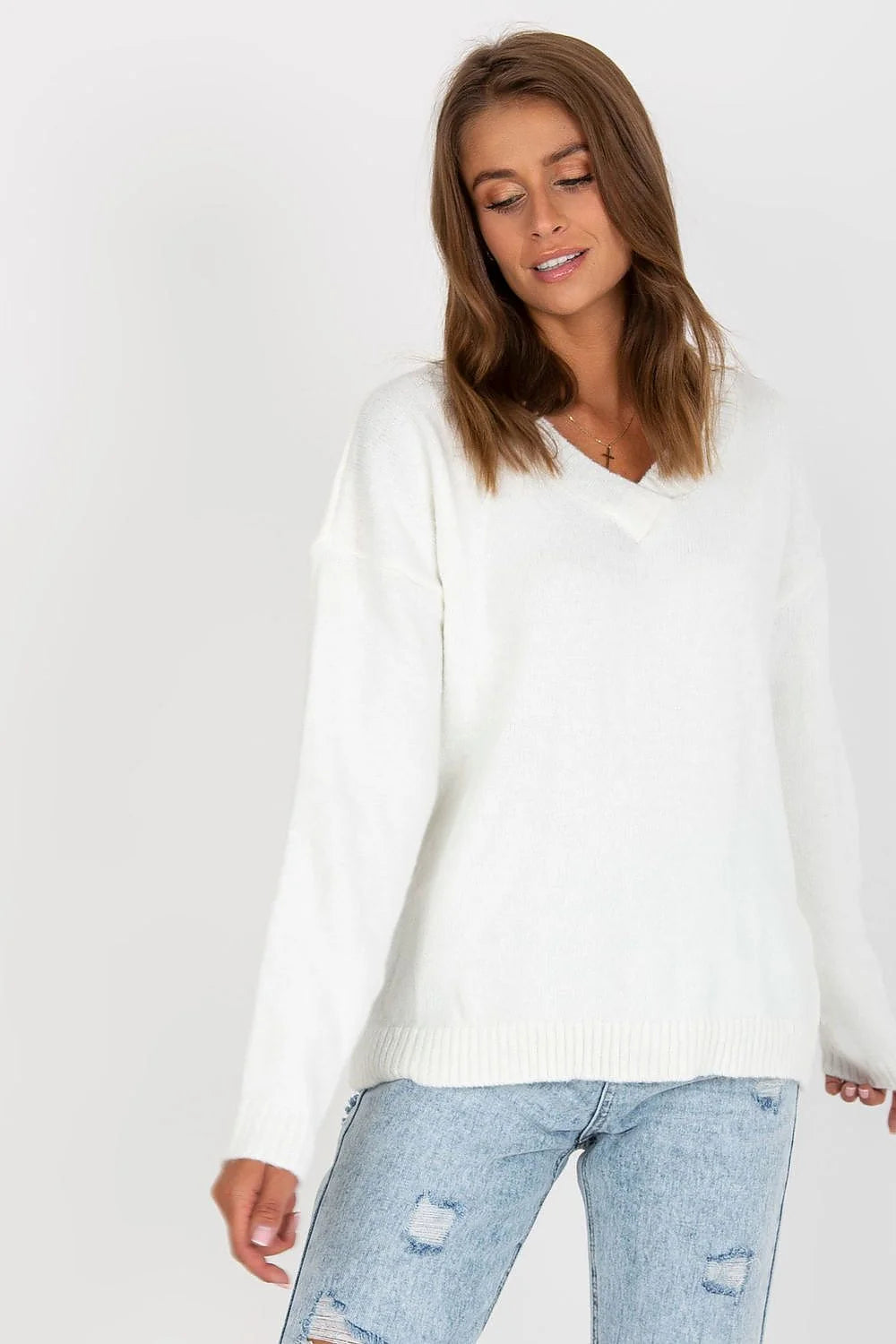 pull femme Rue Paris manches longues colV tricot côtelé élasthanne acrylique polyester oversize ample décontractée bordcôtes moelleuse blanc uni intemporel