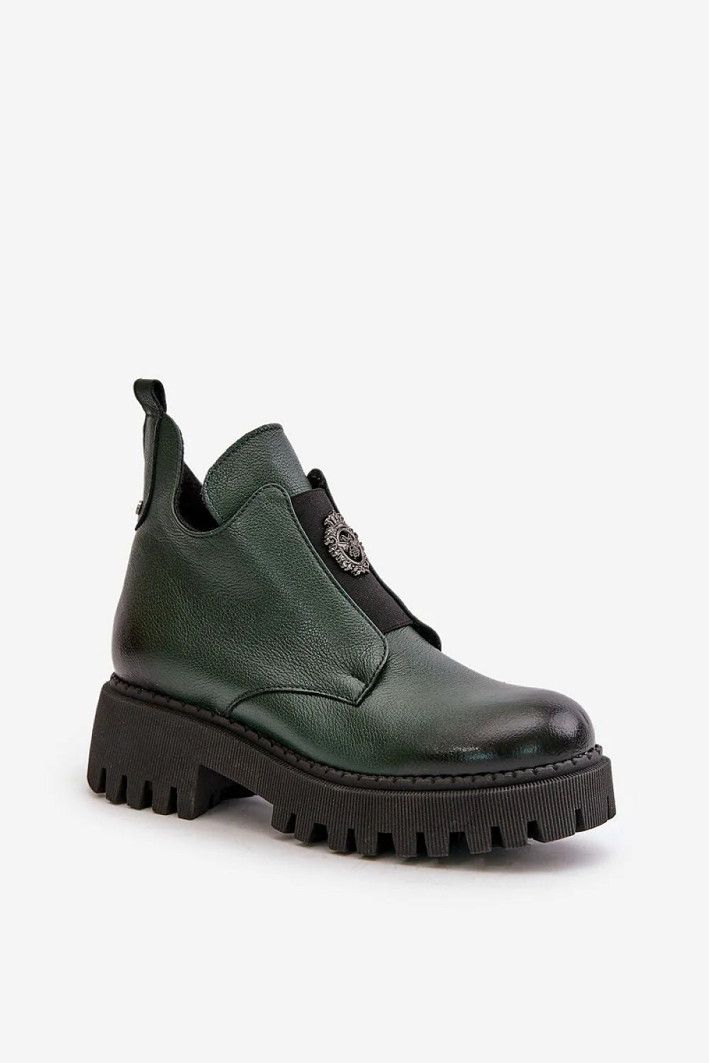 bottines femme cheville cuir véritable vert foncé grainé montantes maintien confort semelle épaisse crantée plateforme bout rond fermeture éclair latérale