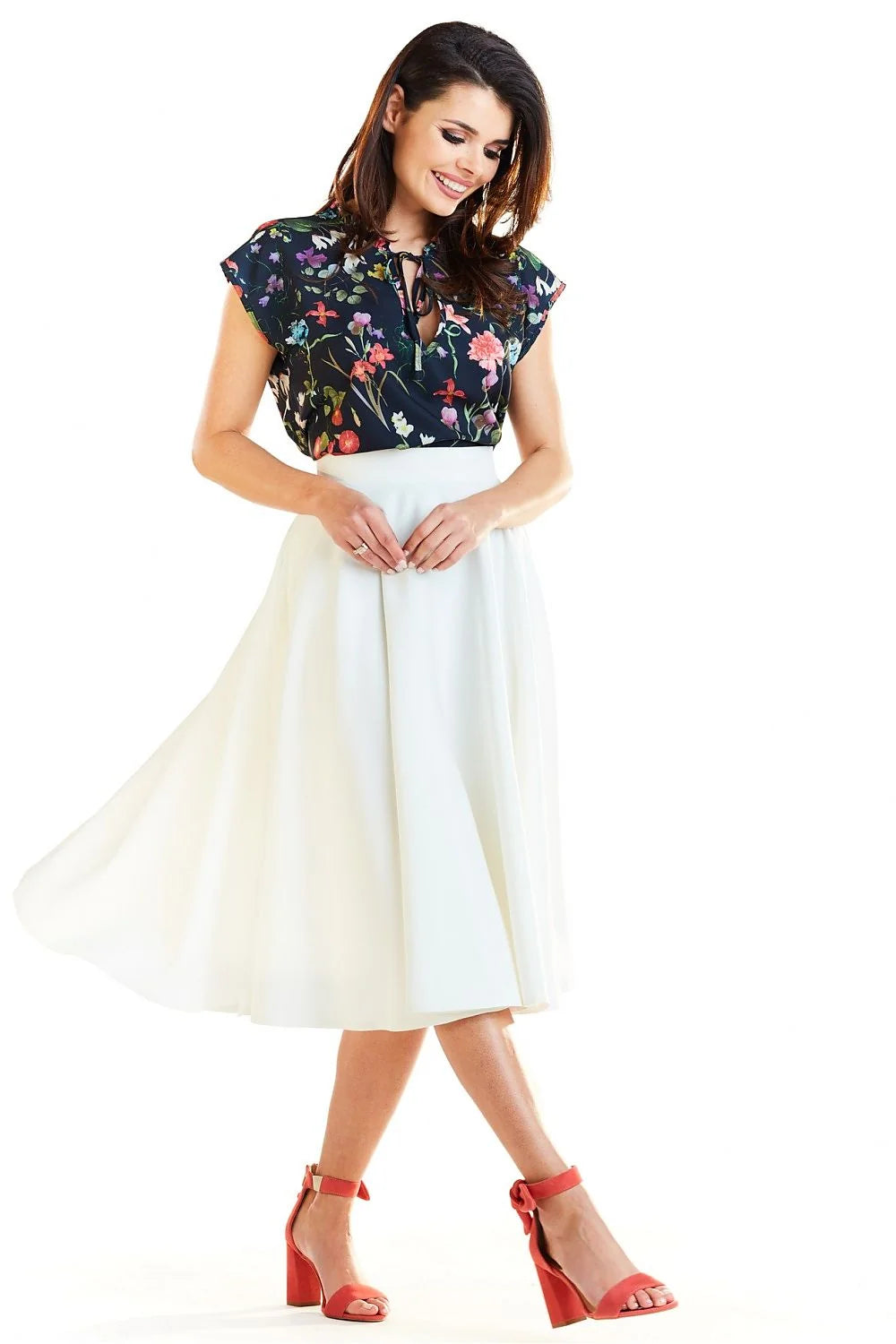 Jupe évasée en tissu fluide blanc chic féminin polyvalent imprimé floral mode printemps femmes élégantes