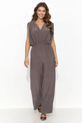 Combinaison élégante chic pour femme en matière légère couleur gris taupe coupe ample épaules plissées décolleté en V profond manches courtes élastique à la taille occasion décontractée semi-formelle