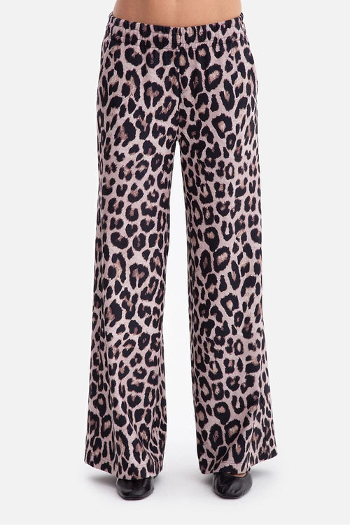 pantalon femme palazzo imprimé léopard beige rosé noir tricot gaufré doux duvet taille élastique coupe large droite longueur sol fluide