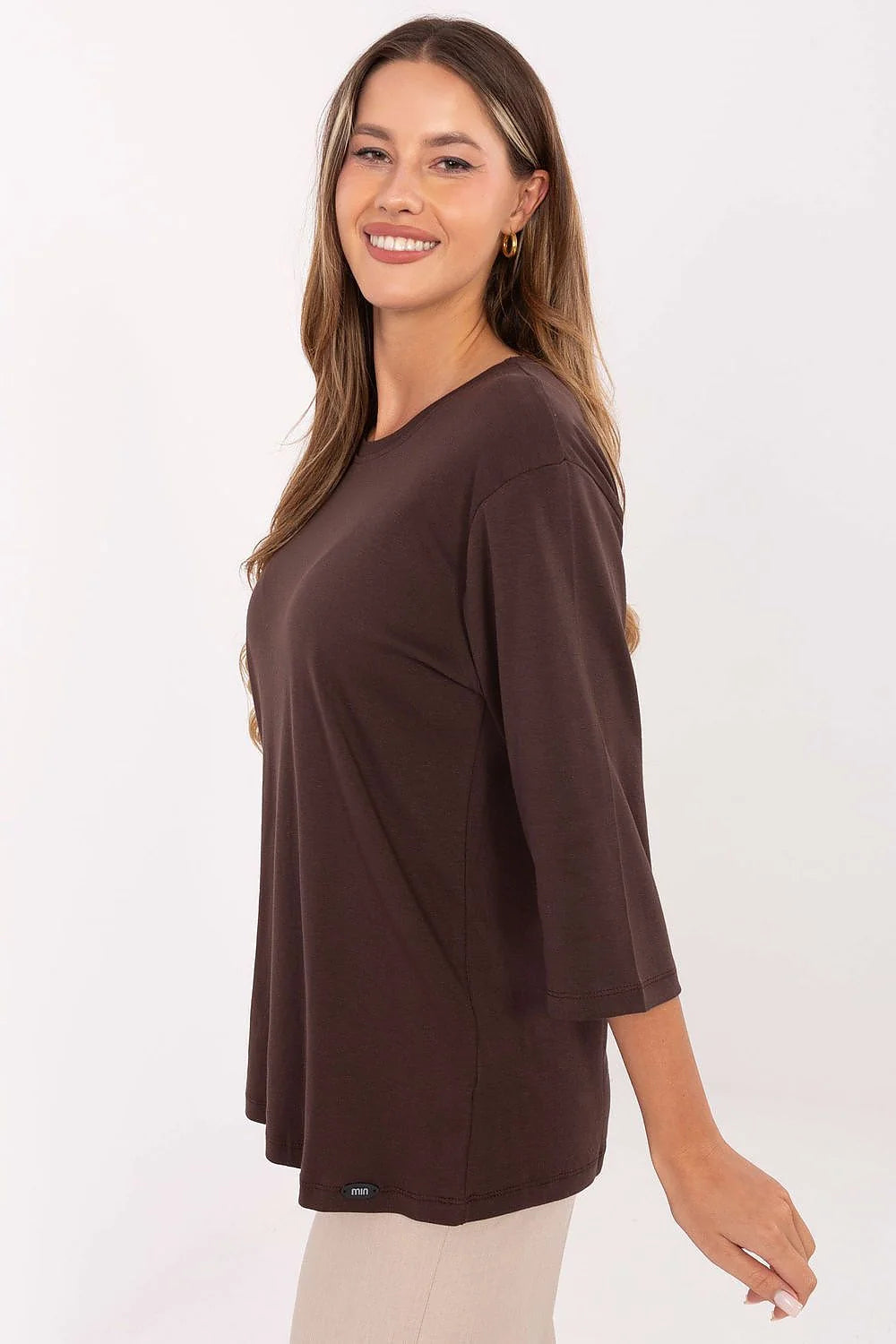 chemisier femme casual manches trois quarts col rond classique jersey maille légère marron chocolat coupe droite fluide confortable coton élasthanne