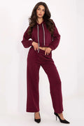 survêtement femme loungewear deux pièces sweat capuche court pantalon taille haute jambes larges strass bordeaux viscose polyester stretch poches casual