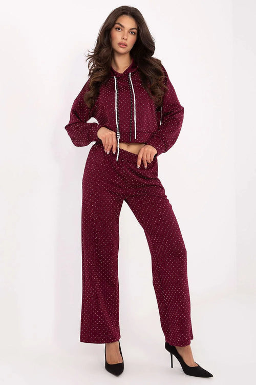 survêtement femme loungewear deux pièces sweat capuche court pantalon taille haute jambes larges strass bordeaux viscose polyester stretch poches casual