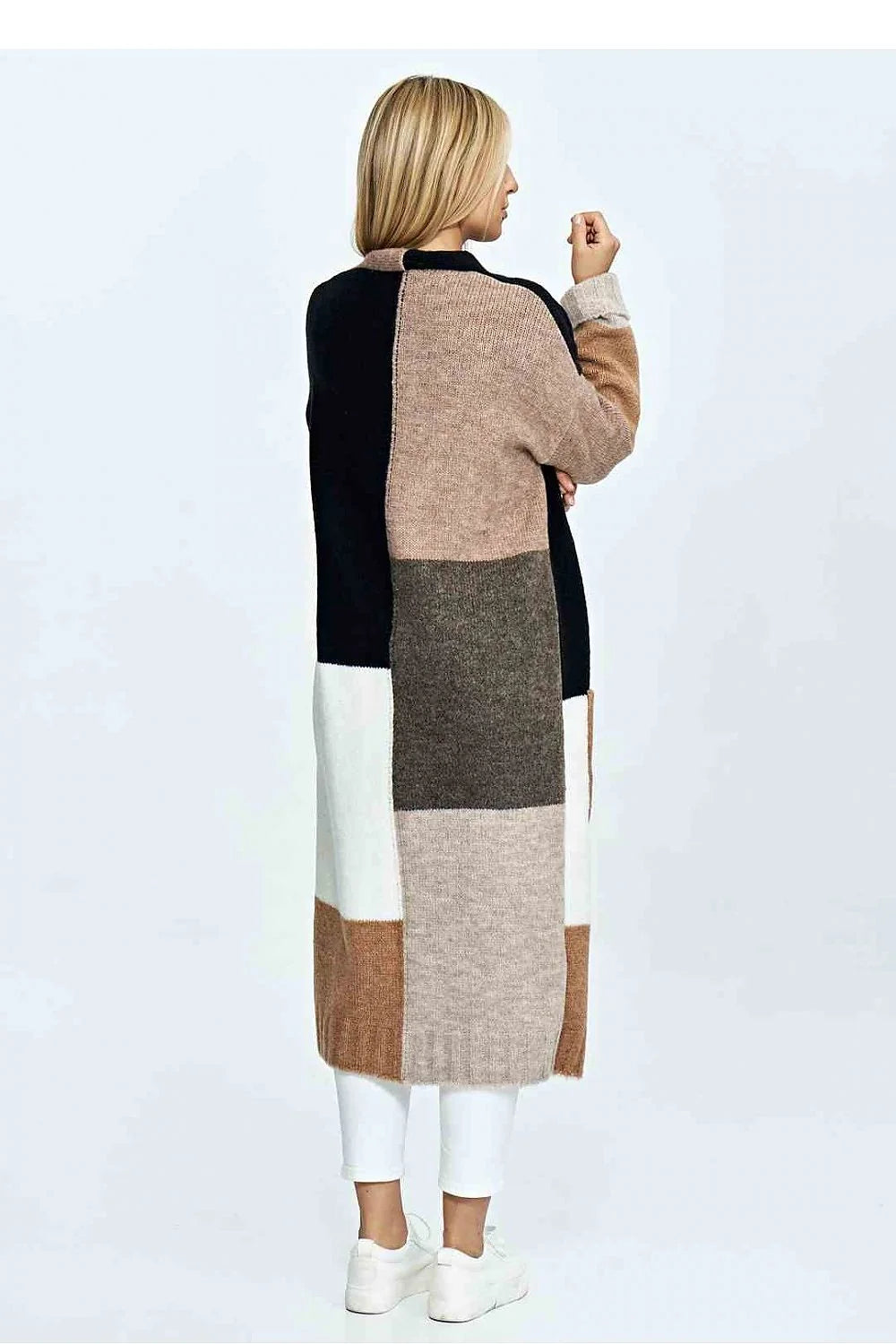 Cardigan long maille femme design contemporain style décontracté motif blocs couleurs beige crème jaune gris