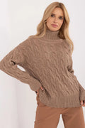Pull col roulé maille torsadée femme brun taupe matières confortables coupe ample manches longues finitions côtelées