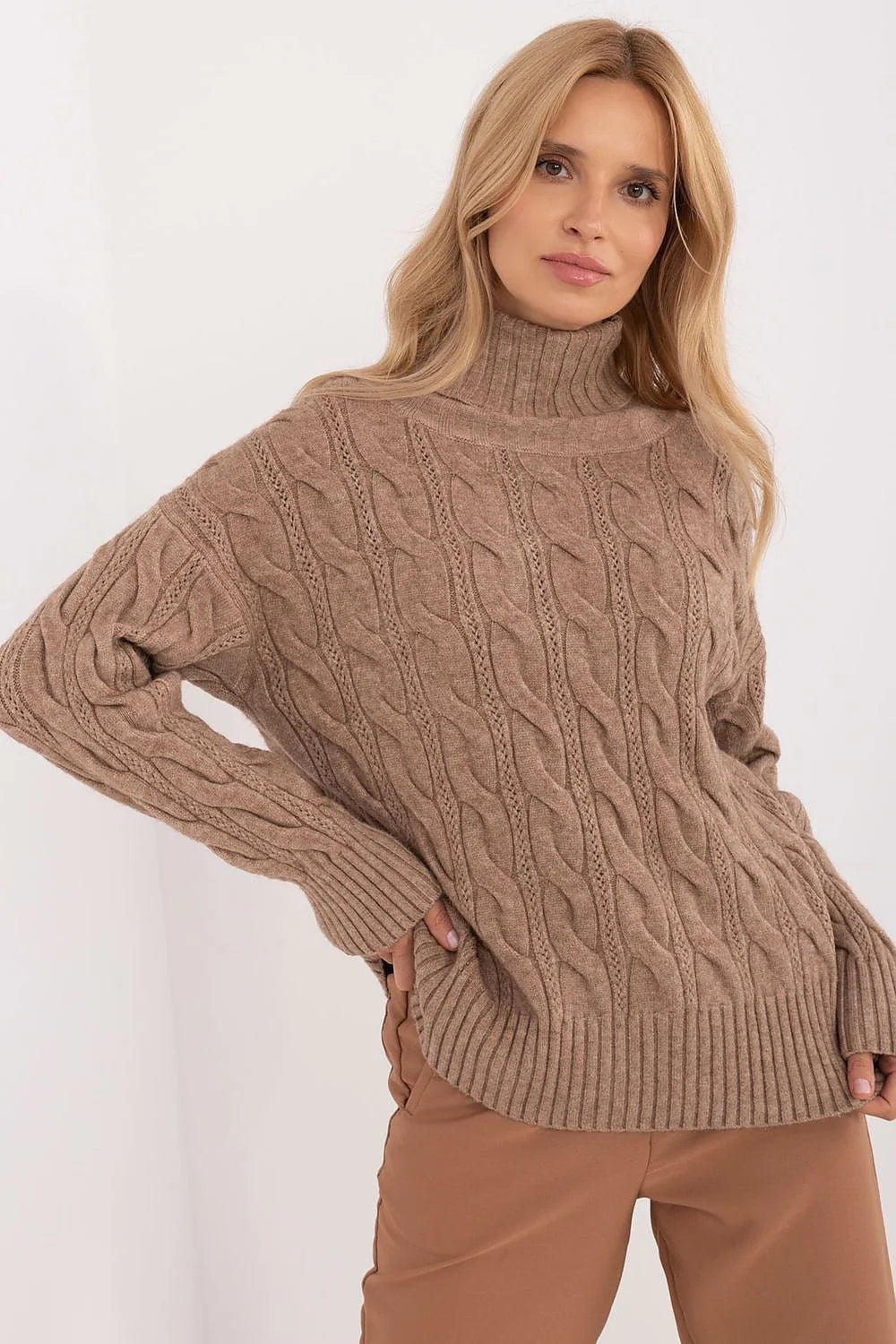 Pull col roulé maille torsadée femme brun taupe matières confortables coupe ample manches longues finitions côtelées