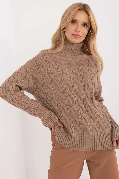 Pull col roulé maille torsadée femme brun taupe matières confortables coupe ample manches longues finitions côtelées