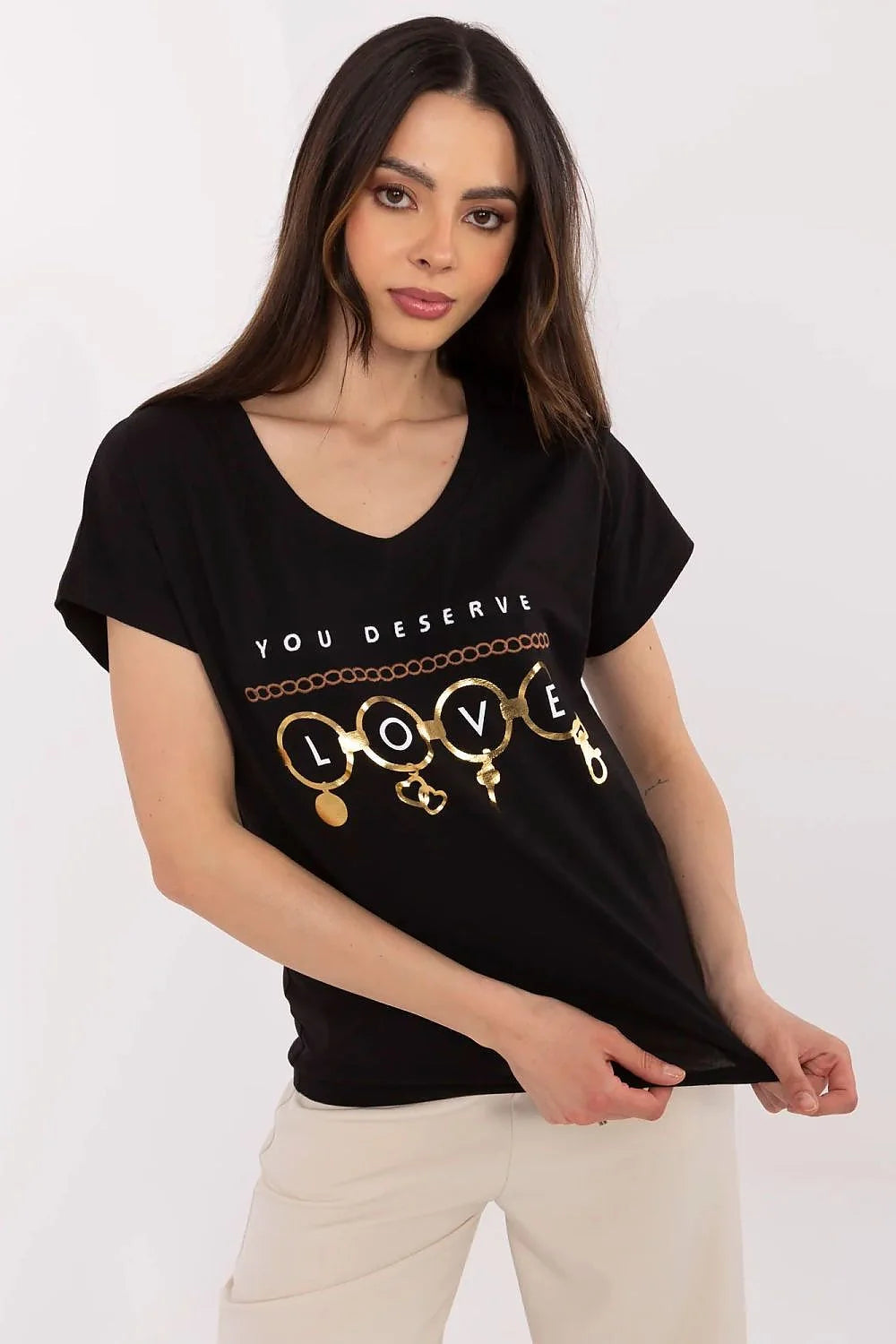 T-shirt femme noir col en V design graphique doré YOU DESERVE LOVE coton élasthanne coupe ample manches courtes