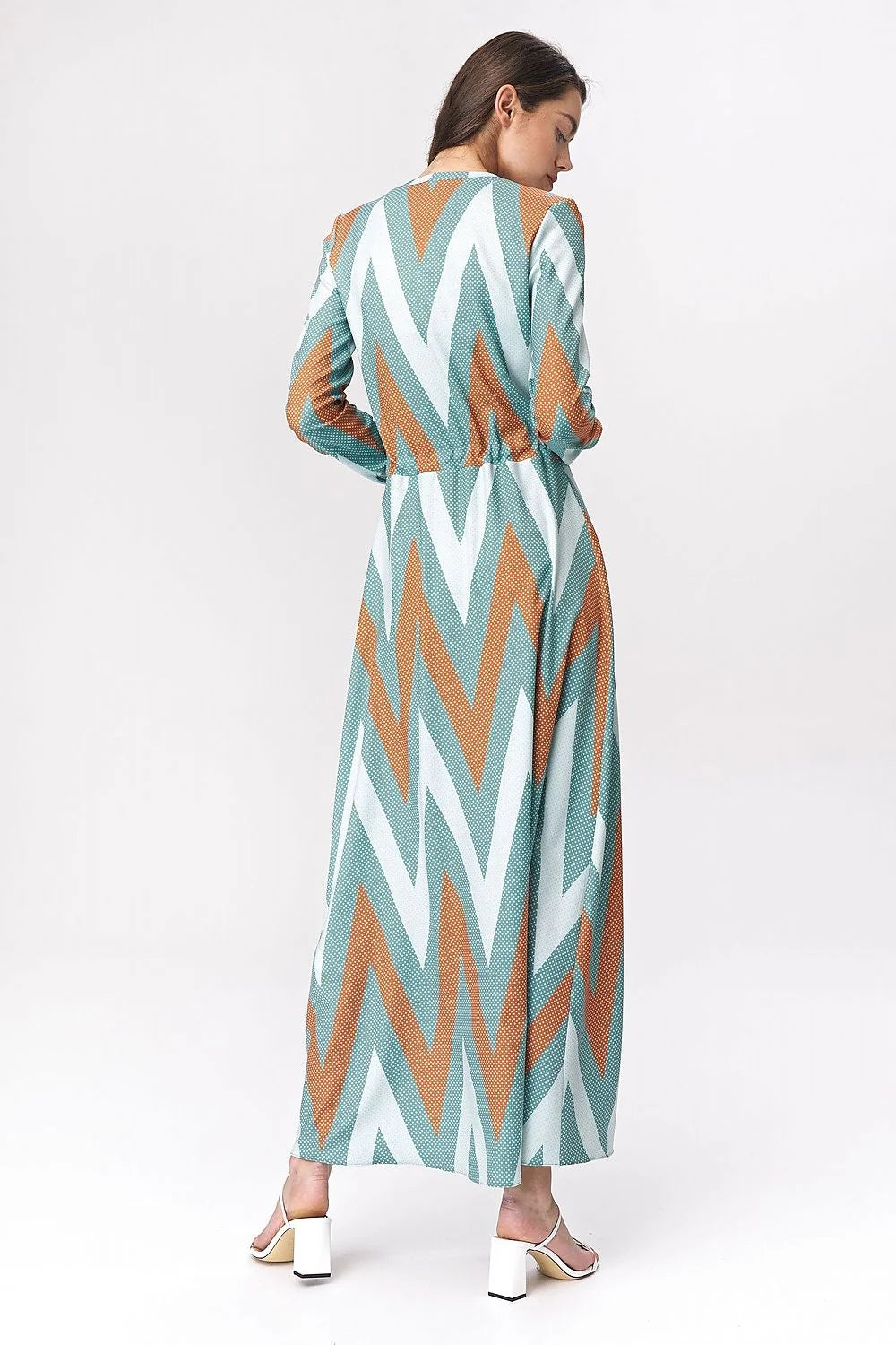 Robe longue fluide polyester spandex turquoise imprimé zigzag manches longues élégante ajustable occasions multiples femme