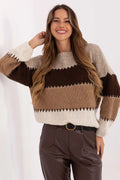 pull femme oversize maille épaisse rayures horizontales beige camel chocolat col rond manches longues bouffantes cocooning coupe boxy courte bordcotes