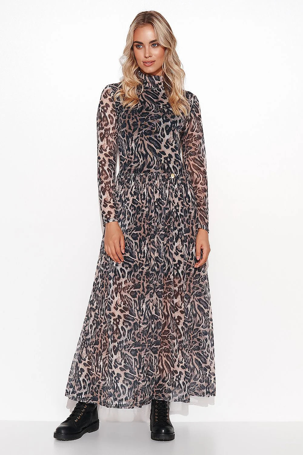 robe longue Makadamia maille douce aérée motifs animaliers géométriques manches longues col montant taille marquée partie inférieure évasée