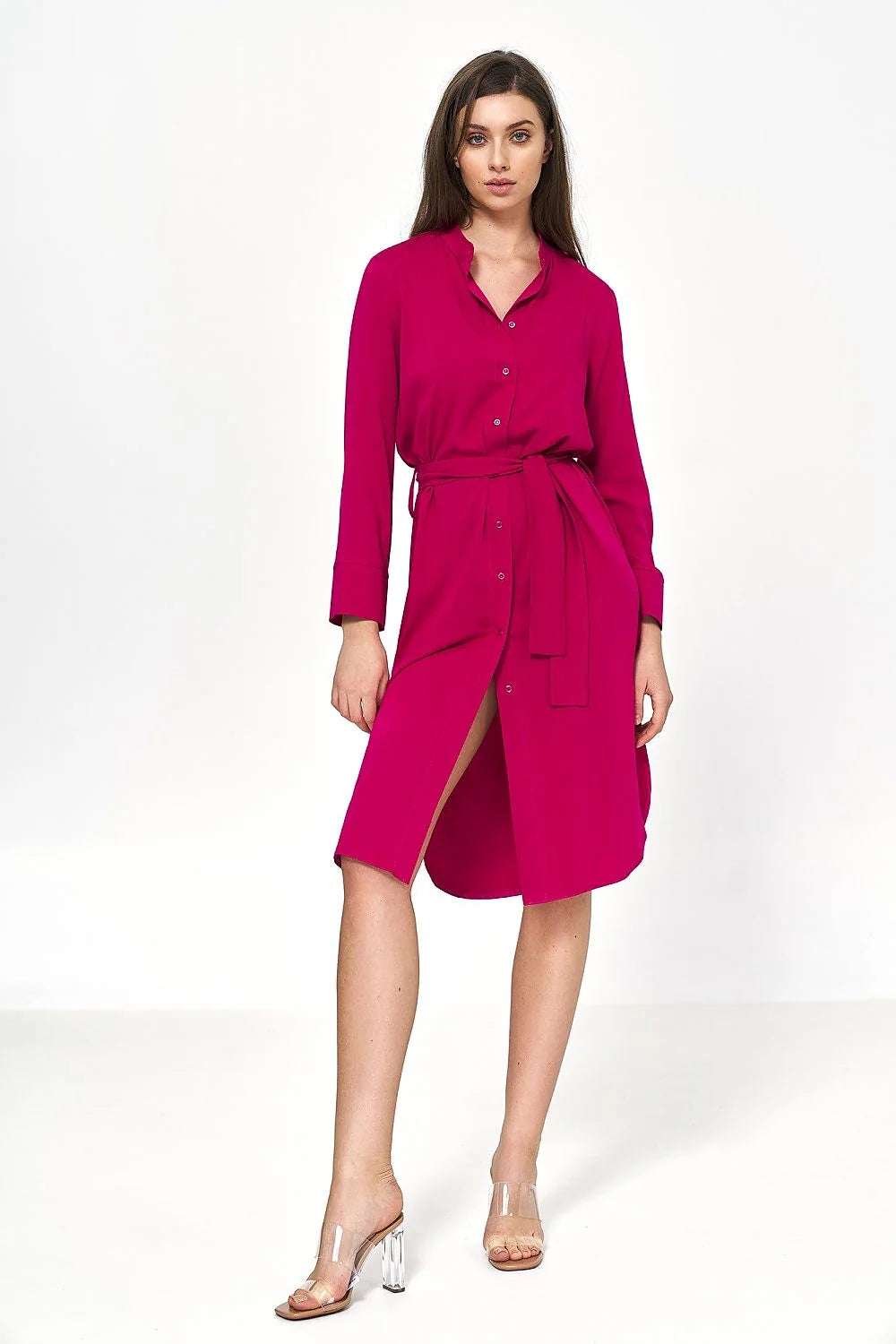 Robe chemise femme longue manches longues verte éclatante coupe droite ceinture intégrée col Mao