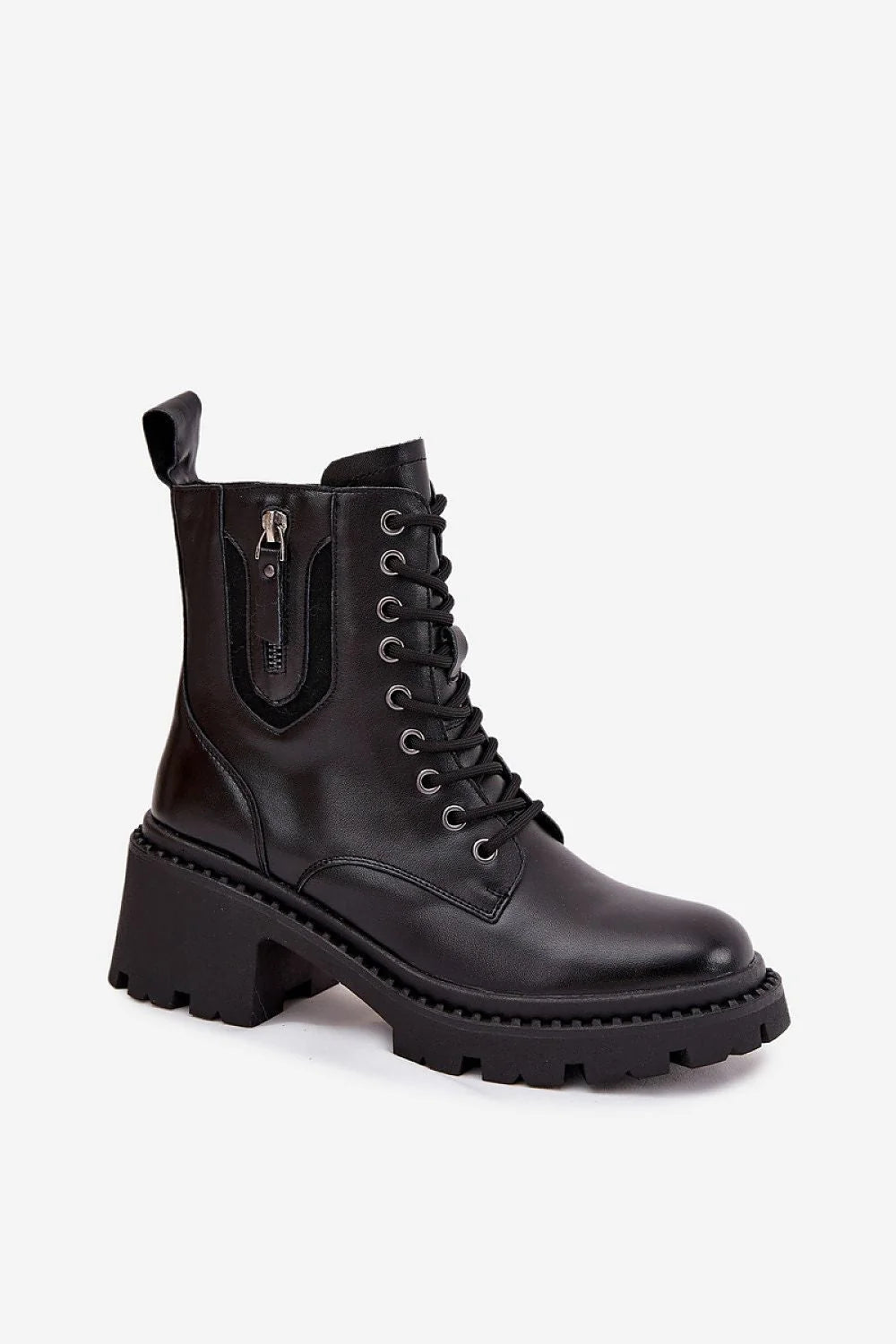 bottines femme Vinceza cuir naturel noir montantes style combat talon bloc 6cm semelle crantée épaisse laçage œillets zip doublure fourrure