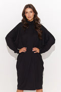 Robe moderne élégante oversize col roulé maille viscose noire femmes genou longueur ample plis subtils