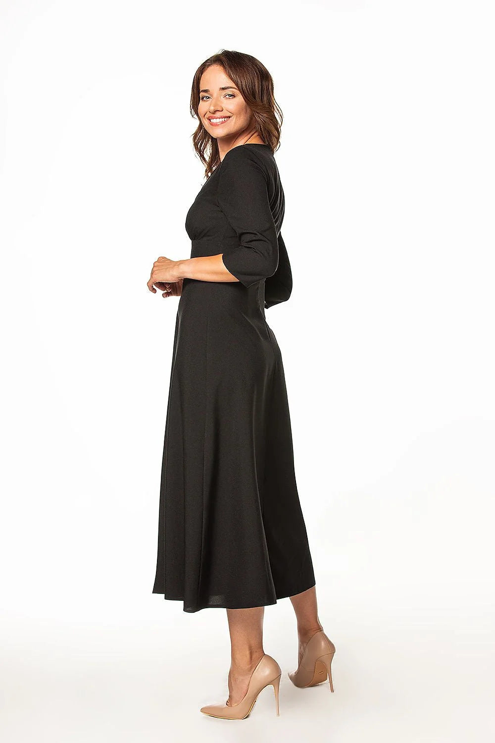 Robe de jour élégante pour femme en tissu doux, manches 3/4, fermeture éclair couverte, taille ajustable, style intemporel