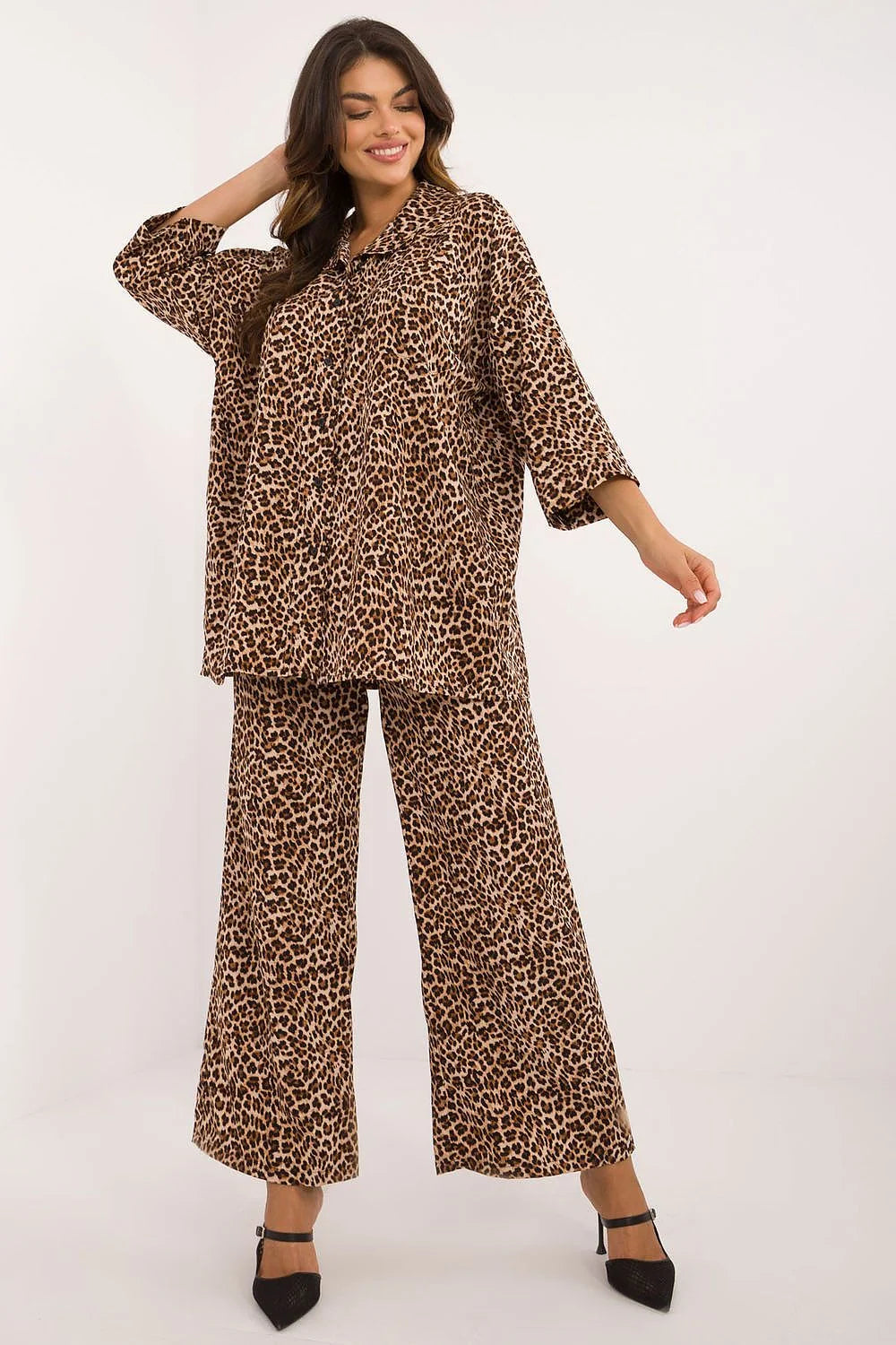 Ensemble Italy Moda tunique pantalon large leopard print wide legs élastique taille boutons col classique beige marron