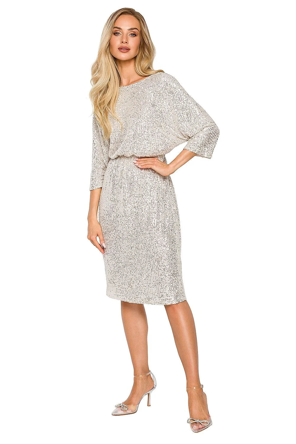 Robe de soirée élégante longueur midi manches trois-quarts dos nu sequins argent femme taille ajustable