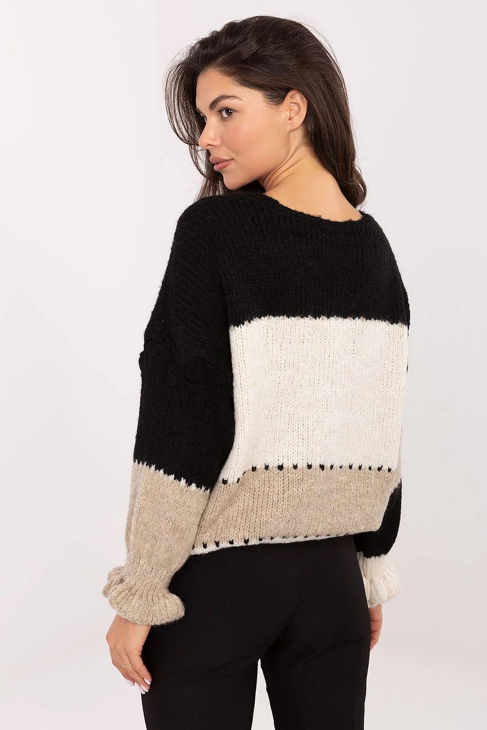 cardigan femme rayures multicolore colorblock maille épaisse colV boutonné manchesvolantées courte ample douce chaude chic