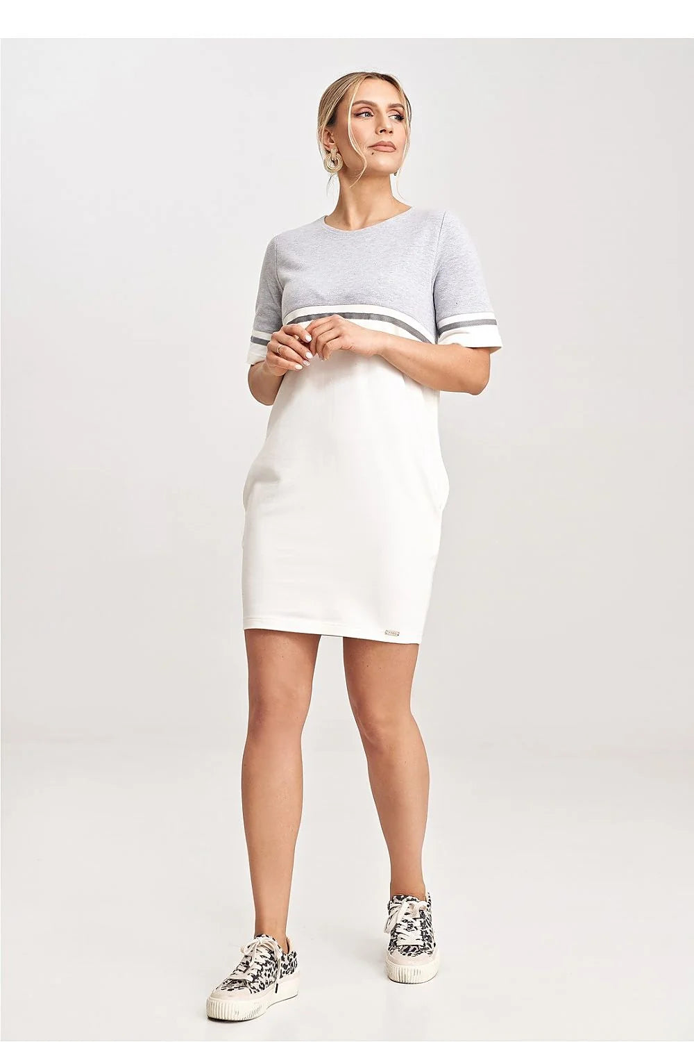 Robe de jour Figl moderne bicolore coton élasthanne manches courtes poches latérales ceinture centrale occasion quotidienne femme