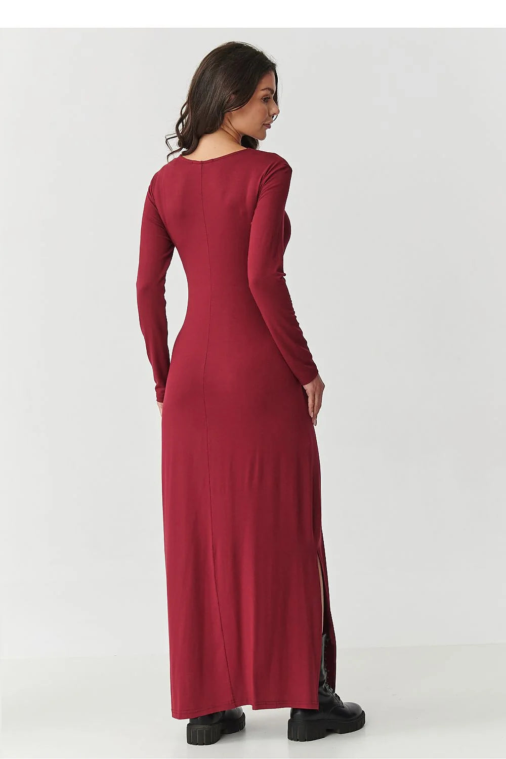 robe maxi viscose extensible douce manches longues encolure ronde ceinture nouée taille fentes latérales fluide cintrée polyvalente casualchic bordeaux anthracite