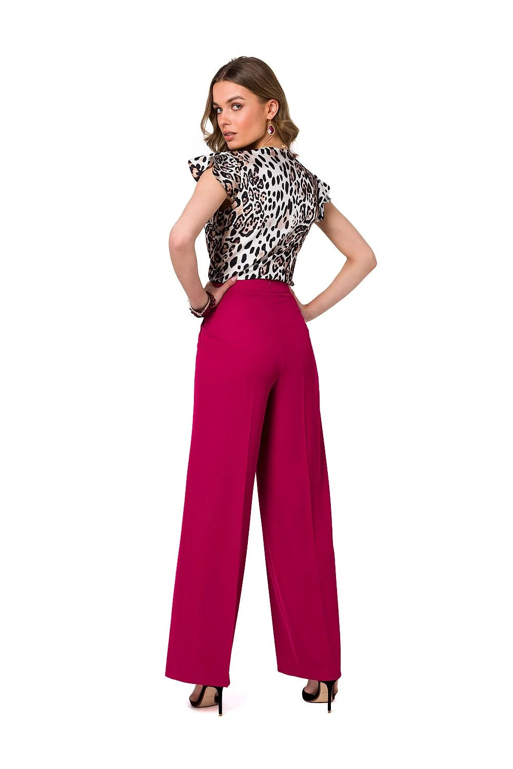 pantalon femme taille haute palazzo fuchsia magenta jambes larges pinces modelantes plis avant poches latérales crêpe léger tombé fluide élégant