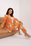 Ensemble féminin audacieux Italy Moda élégance mode coloris orange motifs turquoise rouge blanc veste pantalon