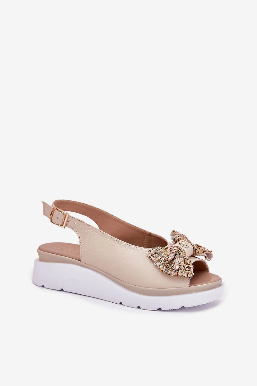 Sandales ouvertes femmes style moderne chic tige simili cuir beige nœud multicolore plateforme blanche confortable élégance occasion spéciale femmes