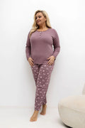 pyjama femme grande taille deux pièces haut manches longues col rond trois boutons pantalon droit élastique imprimé papillons fleurs coton