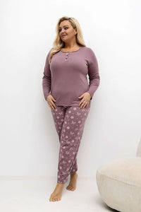 pyjama femme grande taille deux pièces haut manches longues col rond trois boutons pantalon droit élastique imprimé papillons fleurs coton
