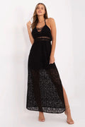 Robe élégante en dentelle noire pour femme, style bohème, coupe ajustée, dos nu, motifs ajourés, robe longue pour soirée